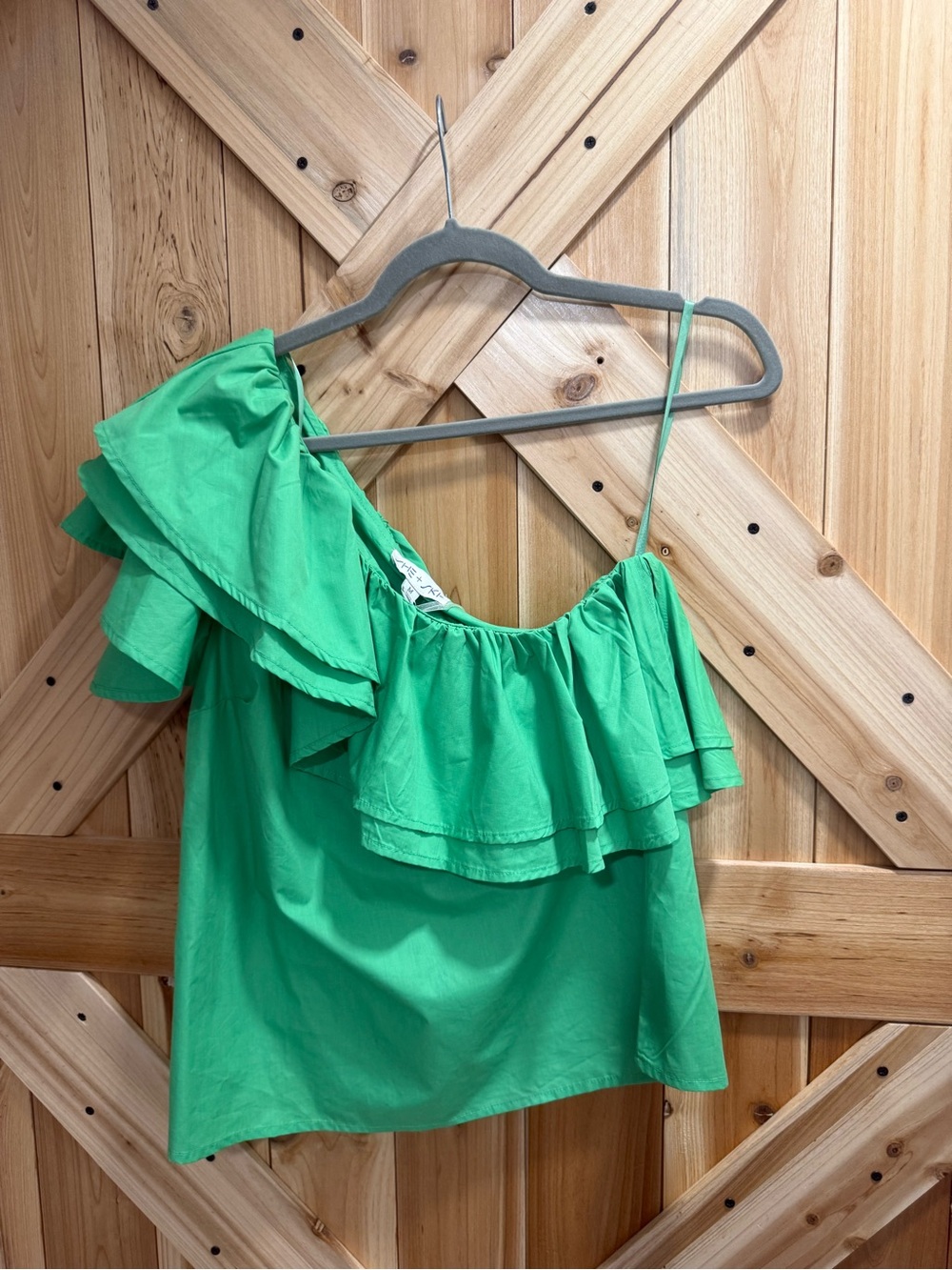 She + Sky Green One-Shoulder Ruffle Camisole